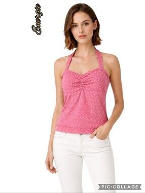 Energie pink polka dot halter tank top with inset padded bra ruched front
